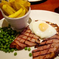Gammon and peas and chips...and egg?